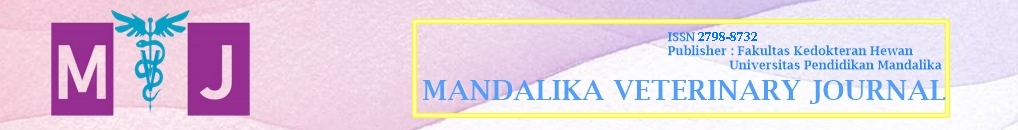 Mandalika Veterinary Journal (MVJ) publishes high quality and novelty papers focusing on Veterinary and Animal Science ISSN 2798-8732. The fields of study are anatomy, pathology, basic medicine, veterinary public health, microbiology, veterinary reproduction, parasitology, animal husbandry, and animal welfare. Food animals, companion animals, equine medicine, aquatic animal, wild animals, herbal medicine, acupuncture, epidemiology, biomolecular, forensic, laboratory animals and animal models of human infections are considered.